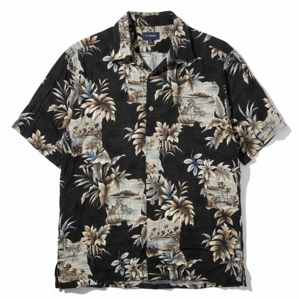 Croft & Barrow Rayon Tropical Palm Island Print Camp Shirt Black,‎ Men's Medium